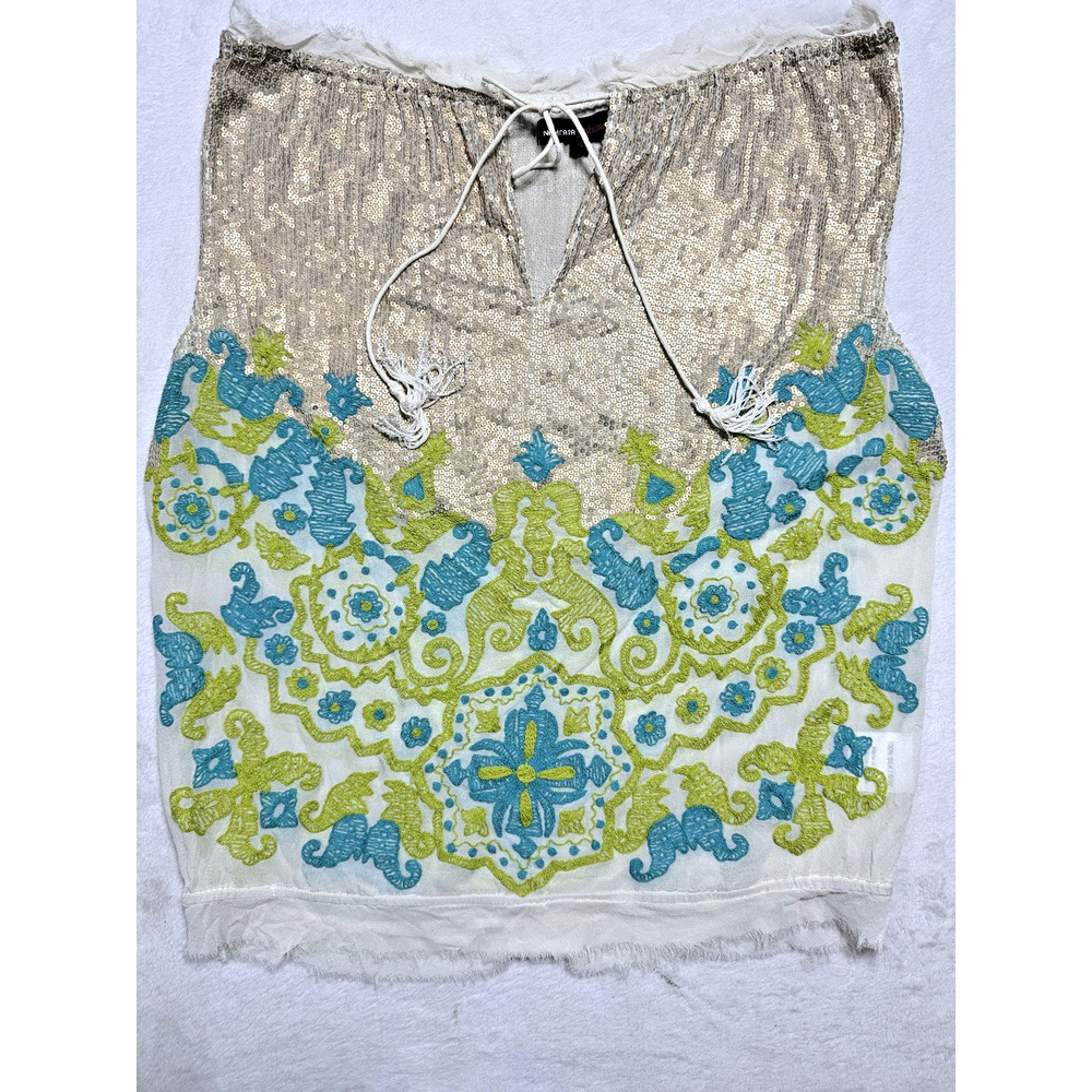 Namrata Joshipura Gold Teal Silk Sequin Small S Modern Craft Boho Festival Top